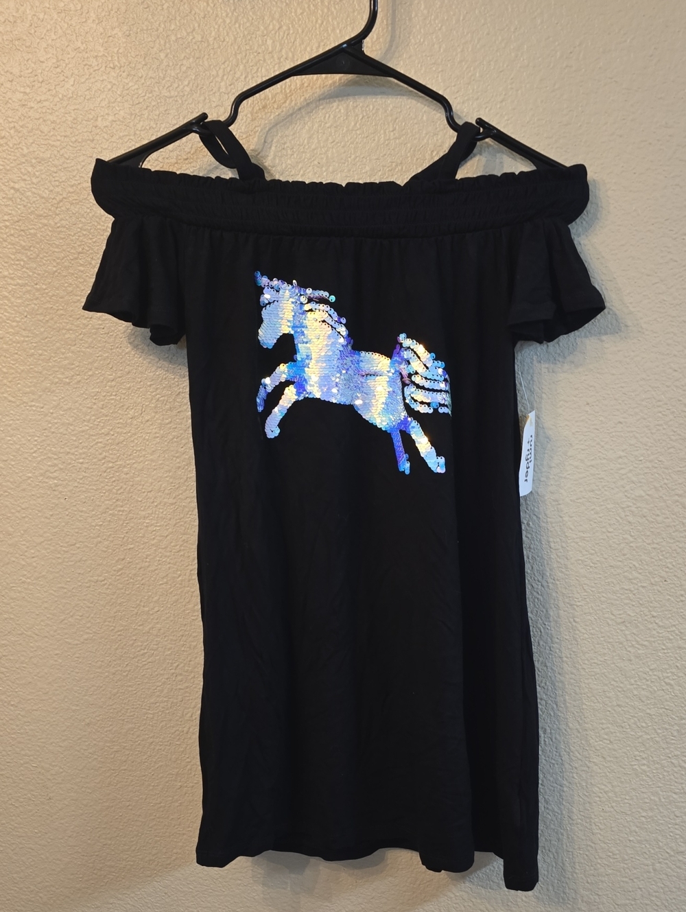 Girls' Black Off-Shoulder Dress with Iridescent Sequin Unicorn